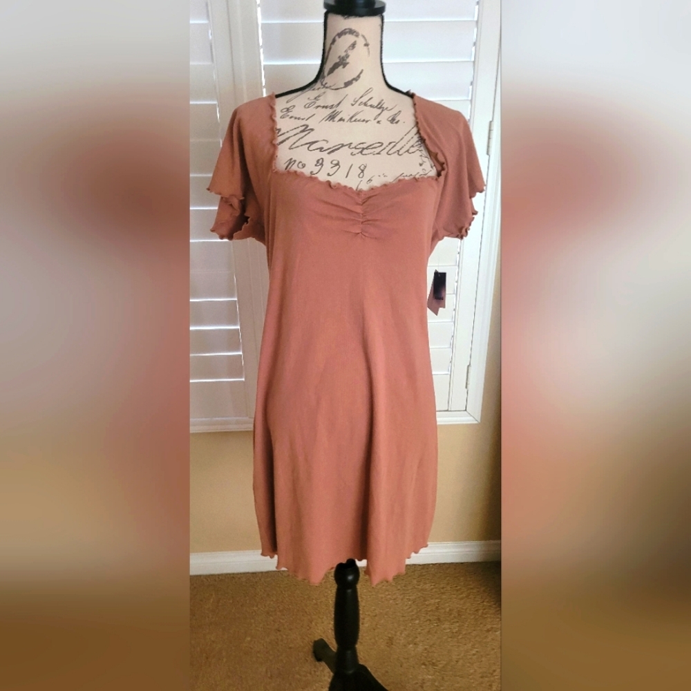 Abound Lettuce Edge Short Sleeve Tan Mocha Beige Mini Dress